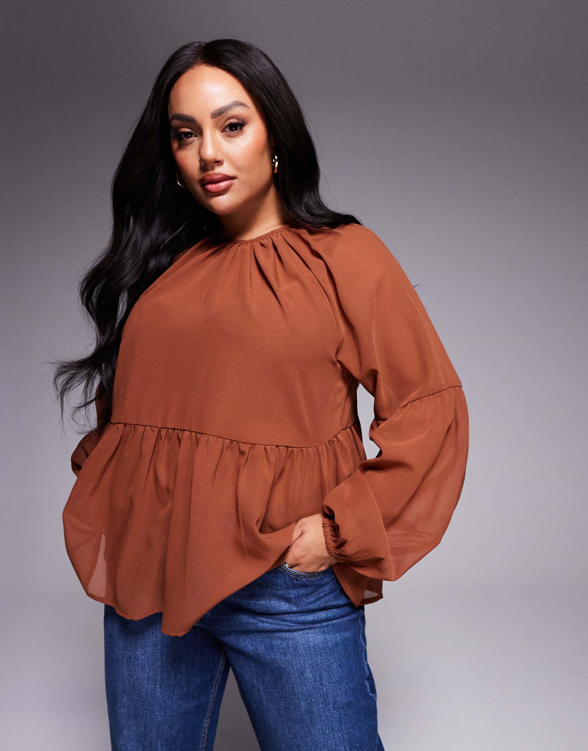 asos design curve long sleeve floaty smock top in brown
