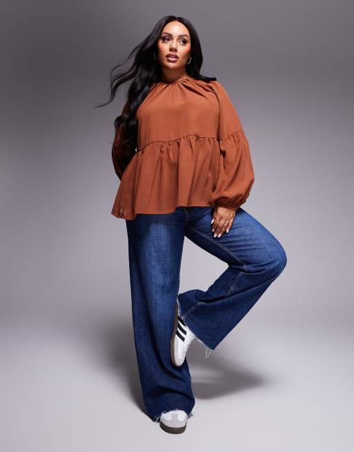 ASOS DESIGN Curve long sleeve floaty smock top in brown