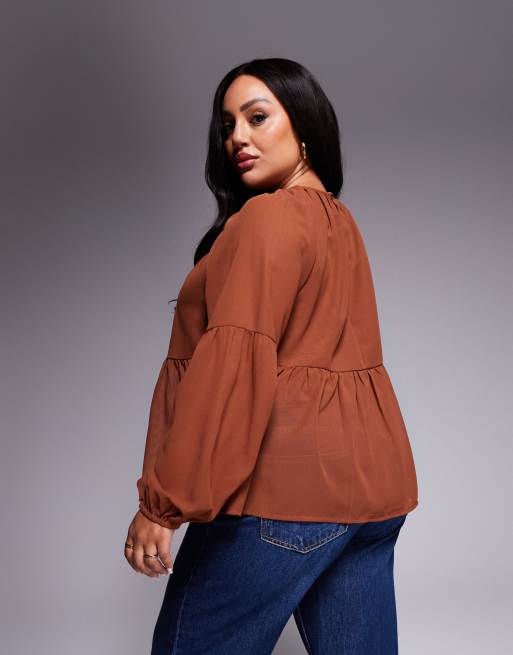 ASOS DESIGN Curve long sleeve floaty smock top in brown