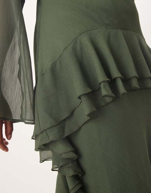 ASOS DESIGN Curve long sleeve frill hem chiffon maxi dress in dark green, 2 of 4
