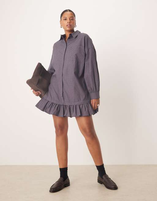 ASOS DESIGN CURVE long sleeve frill hem mini shirt dress in brown and navy plaid print