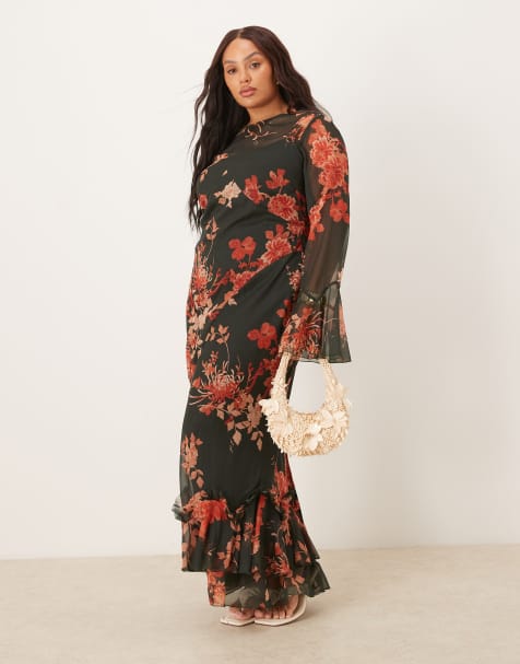 ASOS DESIGN Curve long sleeve frill seamed v back maxi dress in black based floral print - view 1