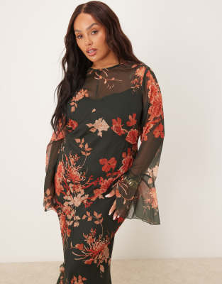 Asos Curve Asos Design Curve Long Sleeve Frill Seamed V Back Maxi Dress In Multi