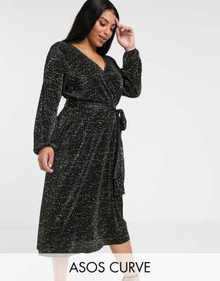 ASOS DESIGN Curve long sleeve glitter midi plisse tea dress-Black