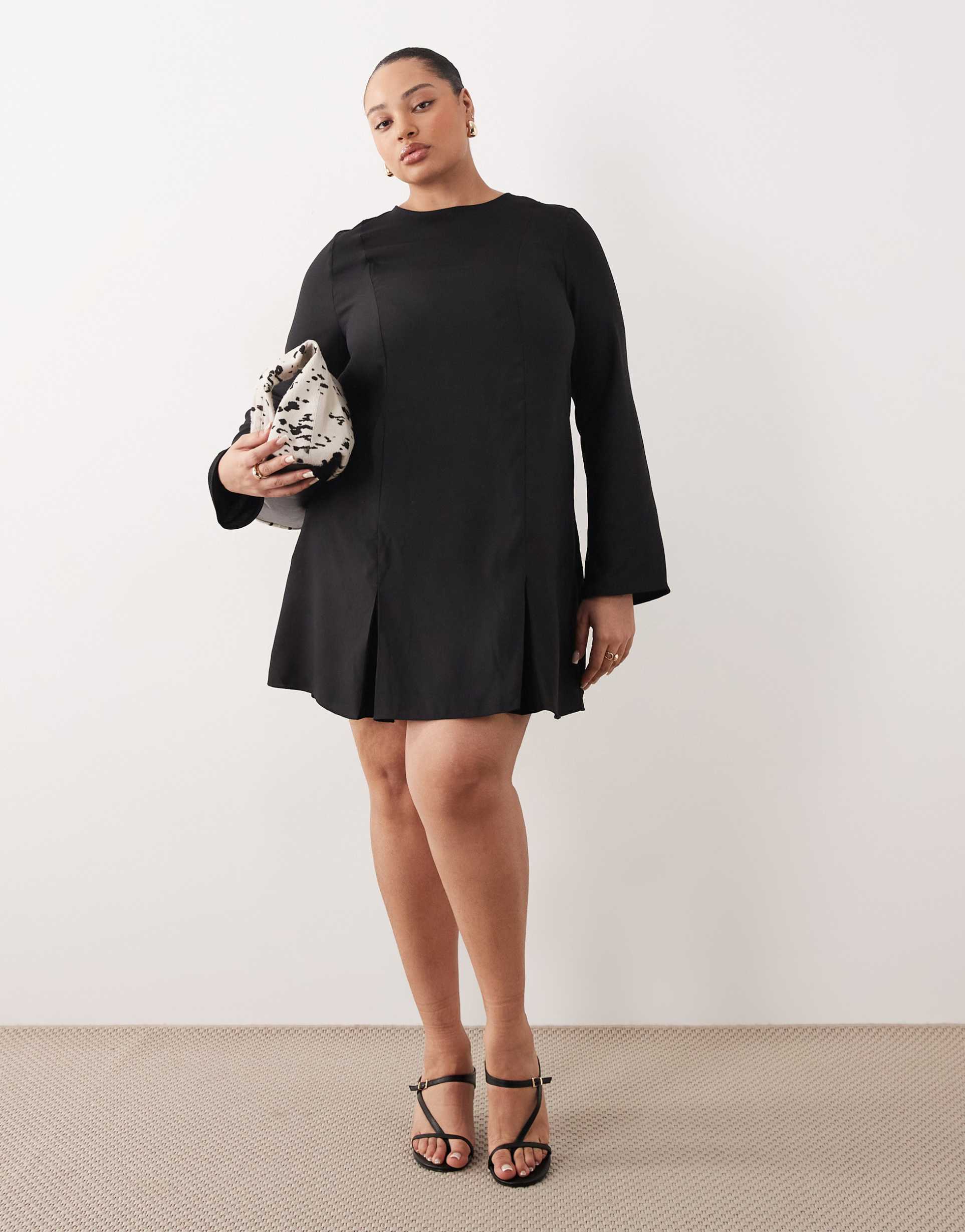 asos design curve long sleeve godet mini dress in black