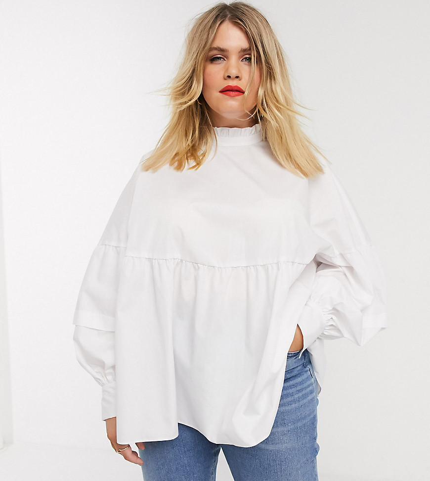 ASOS DESIGN Curve long sleeve high neck smock top in cotton in ivory-White