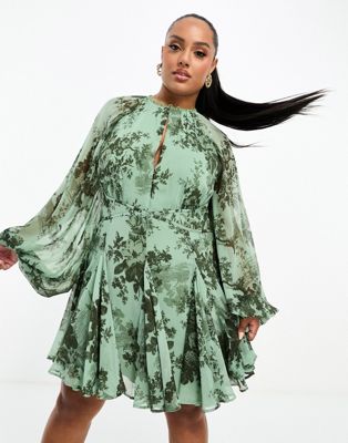Asos Curve Asos Design Curve Long Sleeve Lace Insert Mini Skater Dress In Green Floral Print-multi