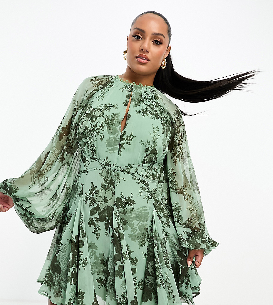 Asos Curve Asos Design Curve Long Sleeve Lace Insert Mini Skater Dress In Green Floral Print-multi