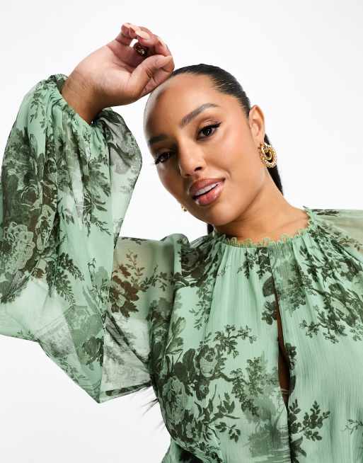 ASOS DESIGN Curve long sleeve lace insert mini skater dress in green floral  print | ASOS