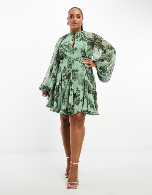 ASOS DESIGN Curve long sleeve lace insert mini skater dress in green floral  print | ASOS