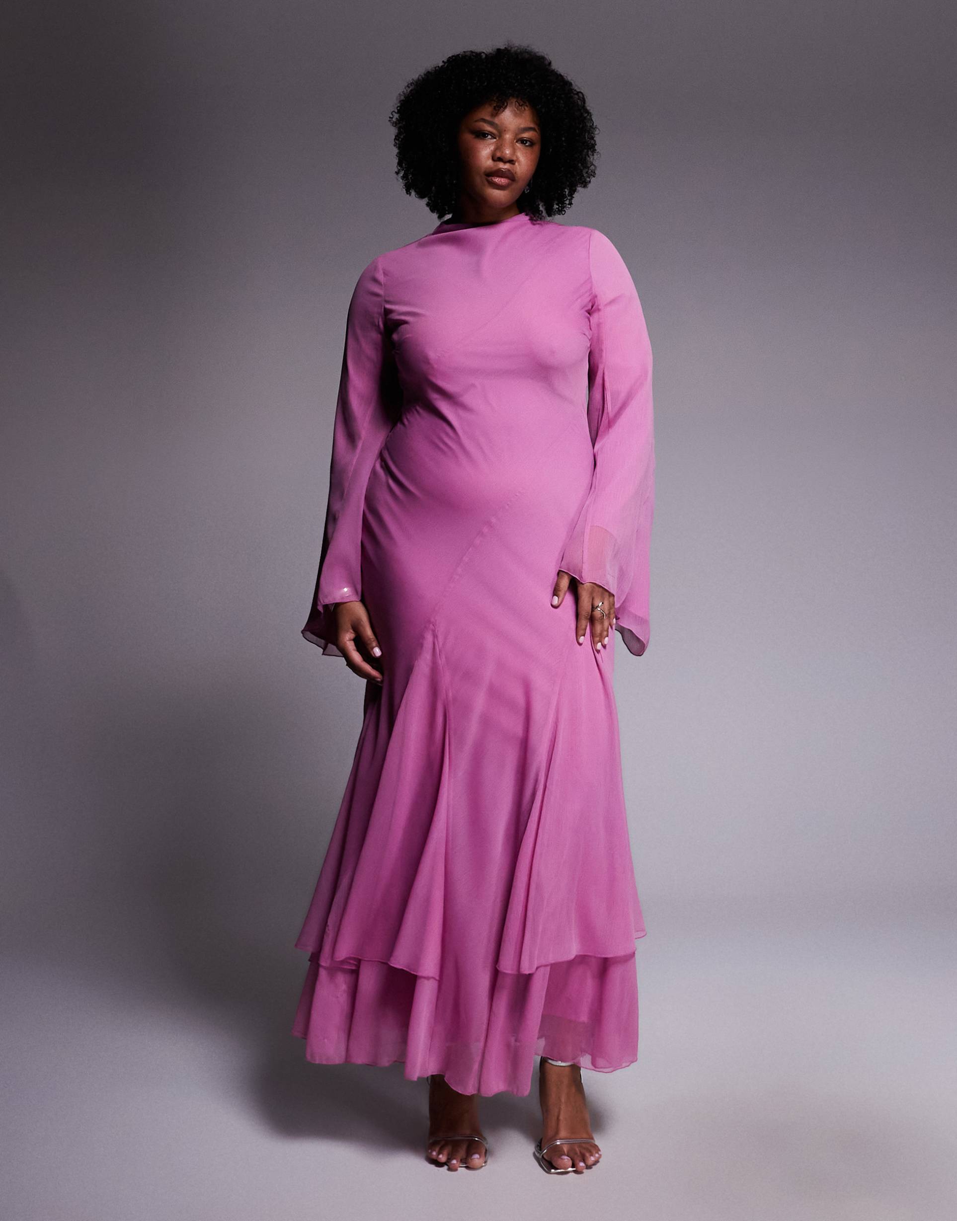 asos design curve long sleeve layered godet bias cut maxi dress in pink
