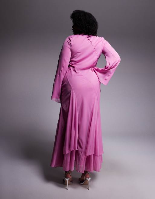 ASOS DESIGN Curve long Sleeve Layered Godet Bias Cut Maxi Dress in pink, 2 of 4