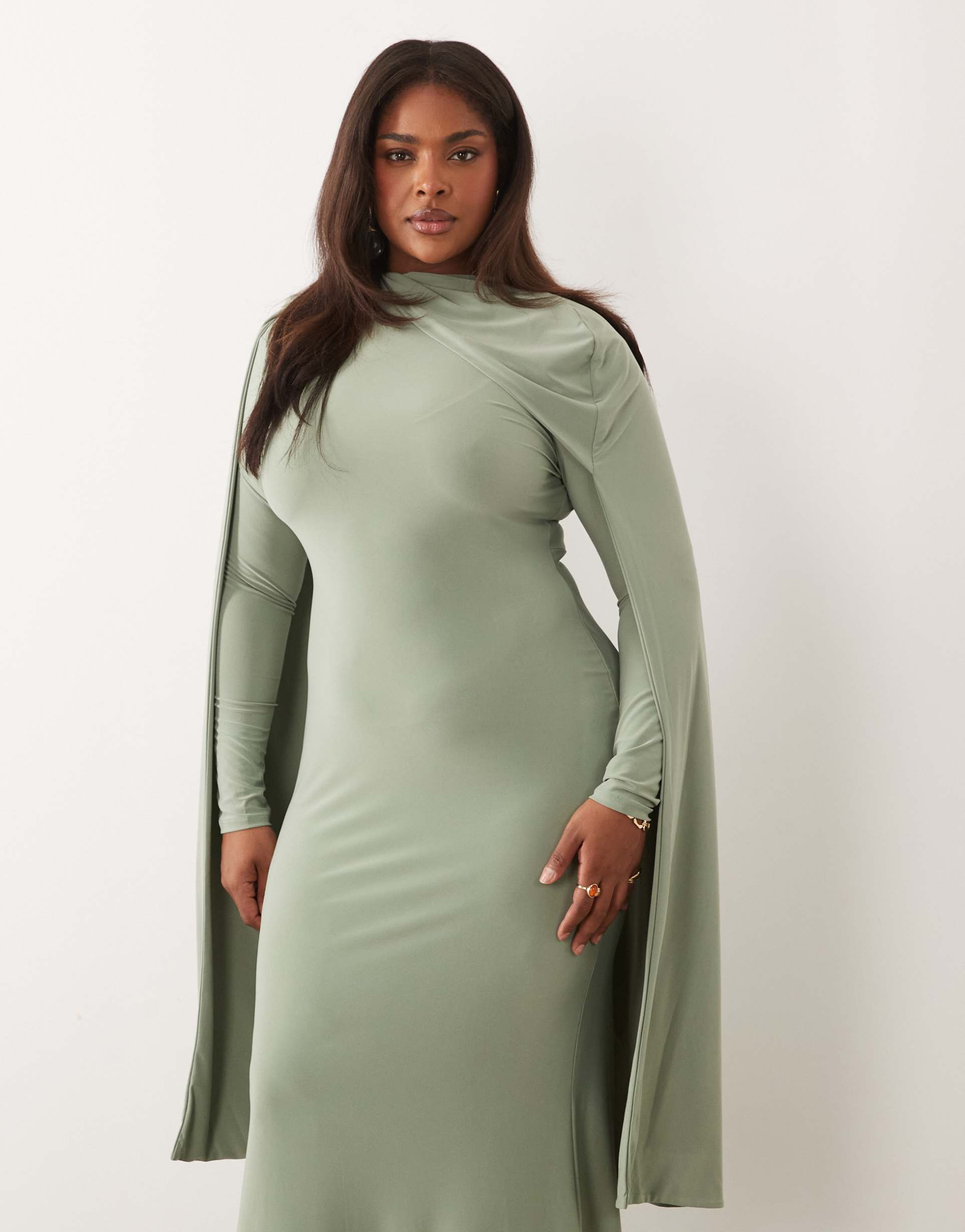 asos design curve long sleeve maxi dress with extreme scarf detail in sage green