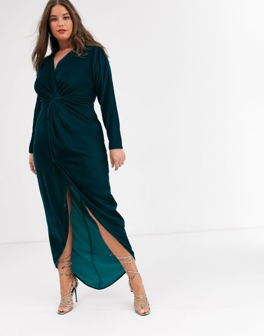 ASOS DESIGN Curve long sleeve maxi dress with knot front bodice in velvet