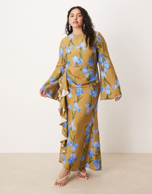 asos green floral maxi dress Design Curve long sleeve with ruffle skirt in oversized print-Multi Party Holiday
