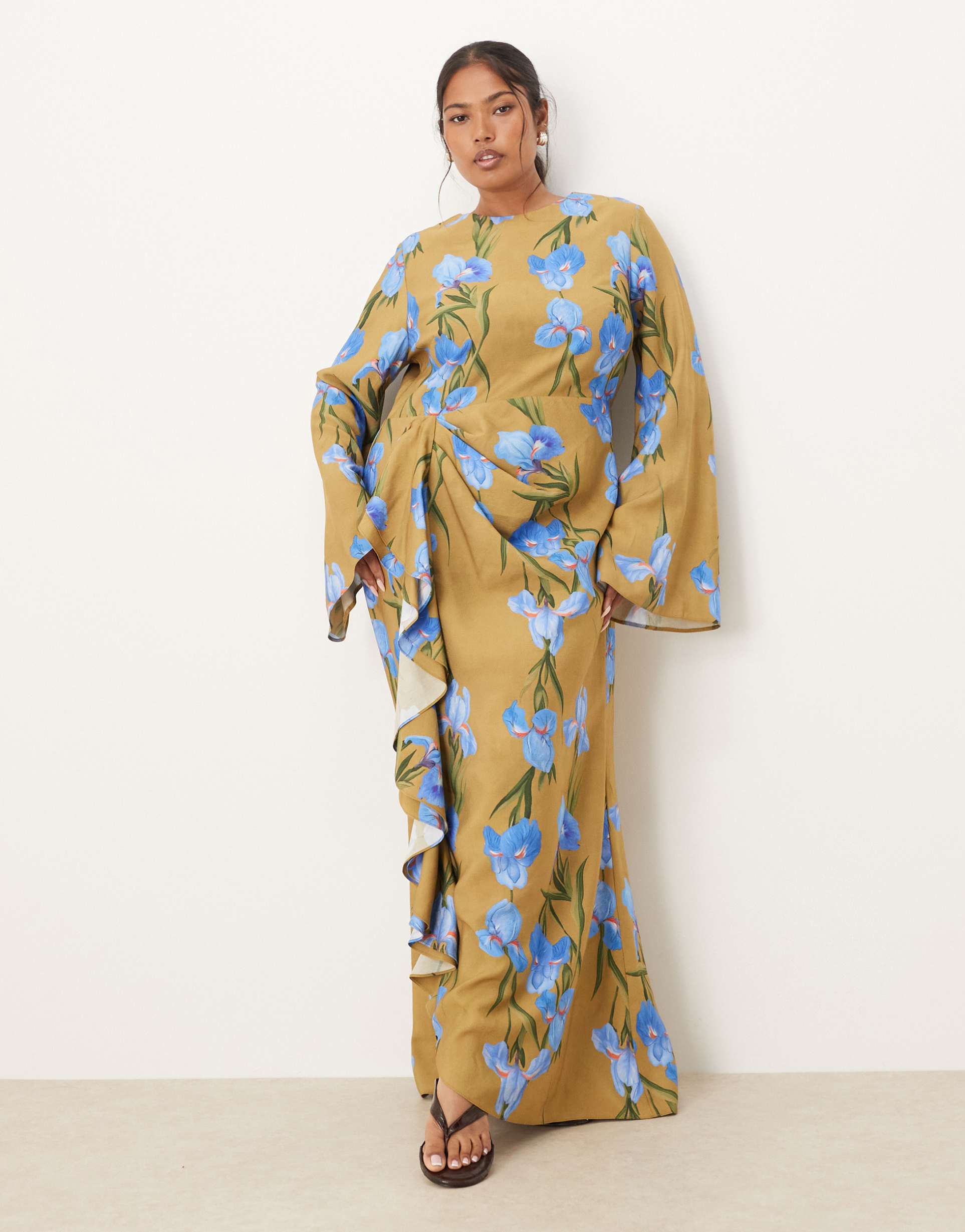 asos design curve long sleeve maxi dress with ruffle skirt in oversized green floral print