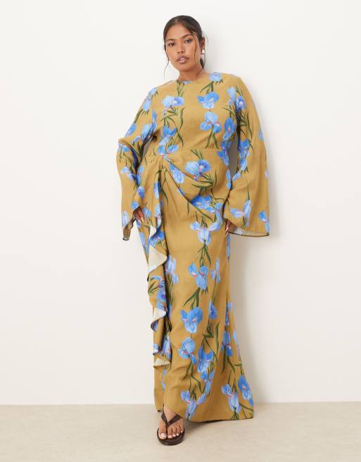 ASOS DESIGN Curve long sleeve maxi dress with ruffle skirt in oversized green floral print