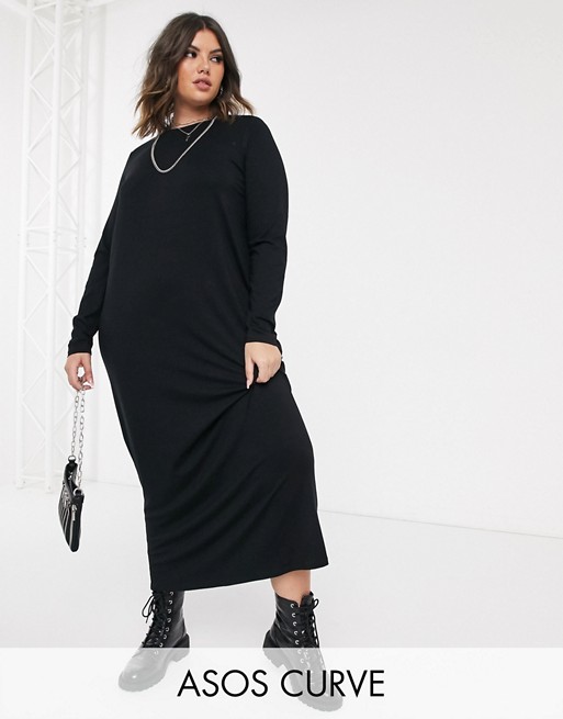 ASOS DESIGN Curve long sleeve maxi t-shirt dress in black