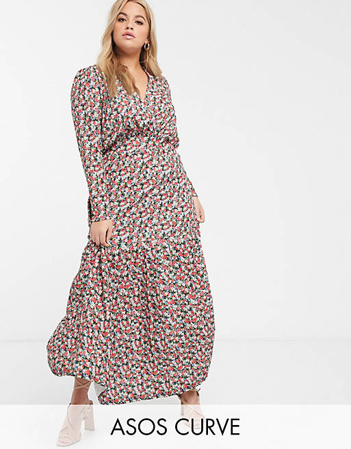 ASOS DESIGN Curve long sleeve maxi tea dress in pink floral print | ASOS
