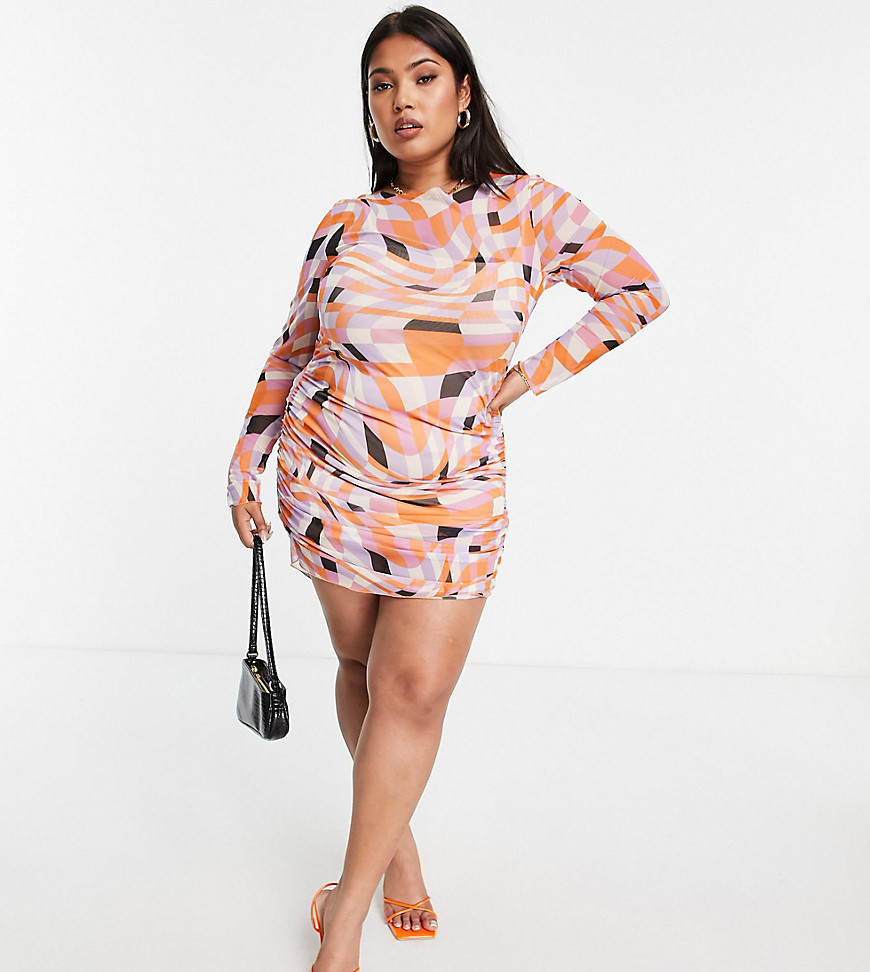 Mini dress by ASOS DESIGN Surprise your monochrome palette with this All-over print Crew neck Long sleeves Ruched sides Bodycon fit