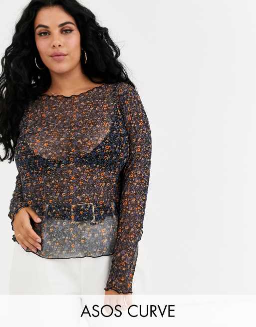 long sleeve patterned mesh top