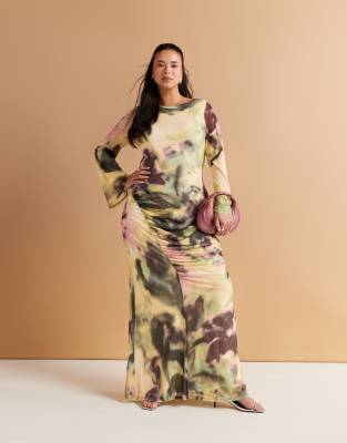 ASOS DESIGN Curve long sleeve mesh maxi dress with double tie back in green and yellow print-Multi