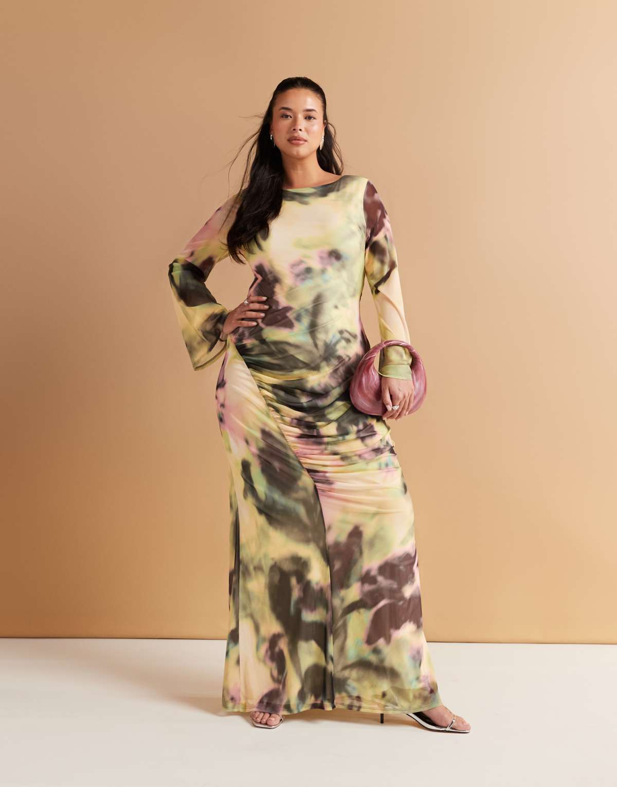 ASOS DESIGN Curve long sleeve mesh maxi dress with double tie back in green and yellow print