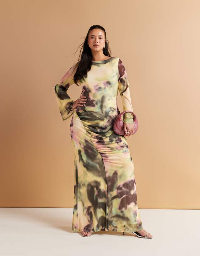 ASOS DESIGN Curve long sleeve mesh maxi dress with double tie back in green and yellow print