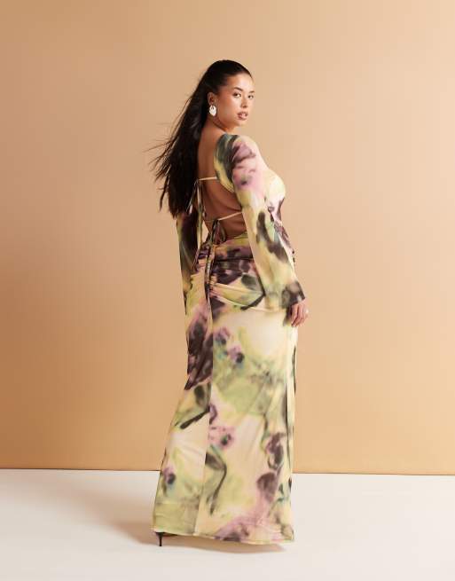 ASOS DESIGN Curve long sleeve mesh maxi dress with double tie back in green and yellow print
