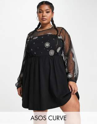 Asos Curve Asos Design Curve Long Sleeve Mesh Mini Dress With Ladder Trim And Celestial Embroidery In Black