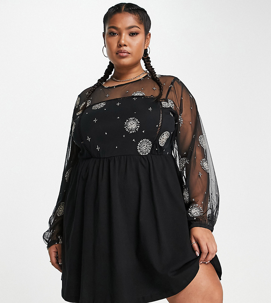 ASOS DESIGN Curve long sleeve mesh mini dress with ladder trim and celestial embroidery in black