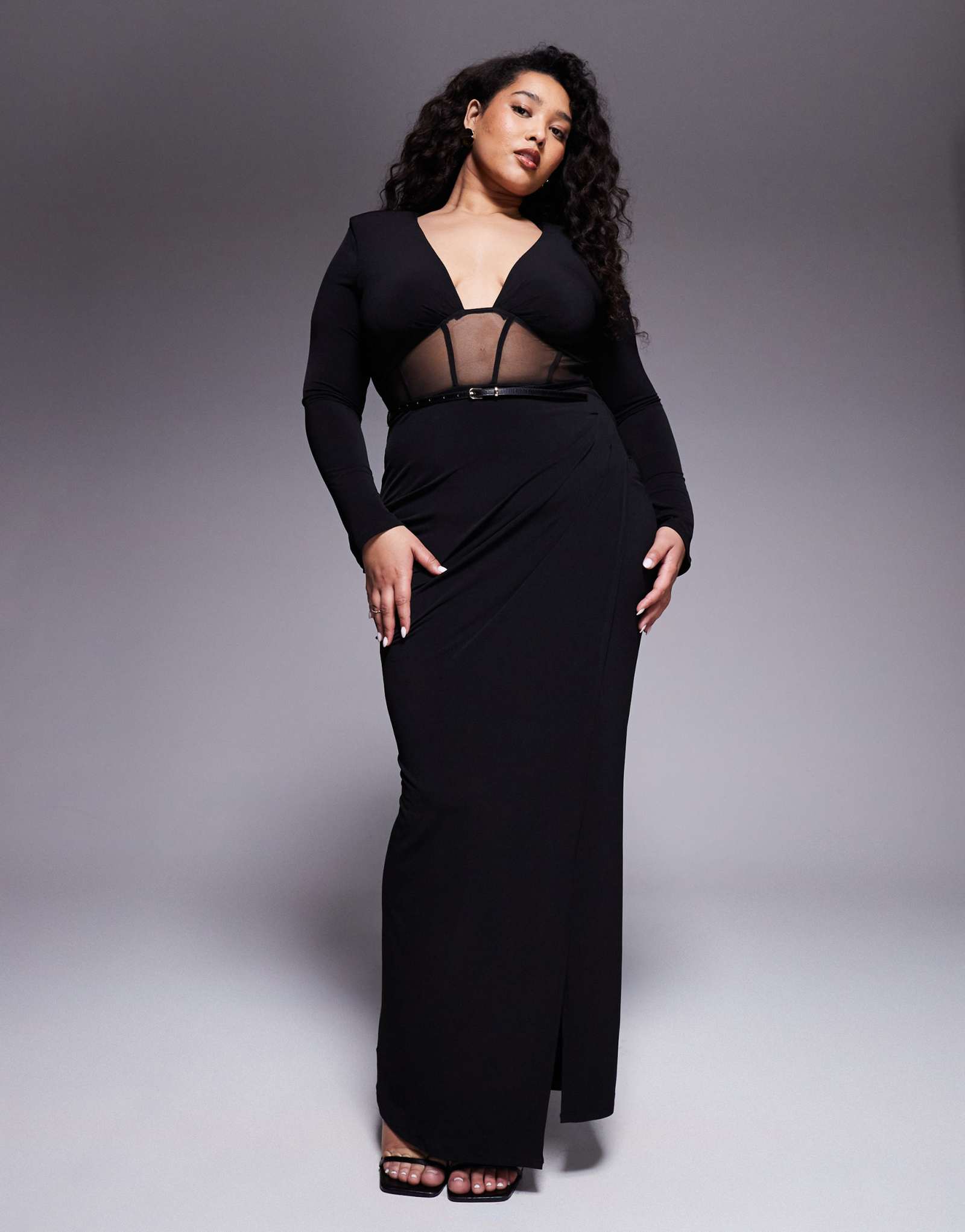 Черное миди-платье ASOS DESIGN Curve с длинными рукавами и сетчатыми вставками