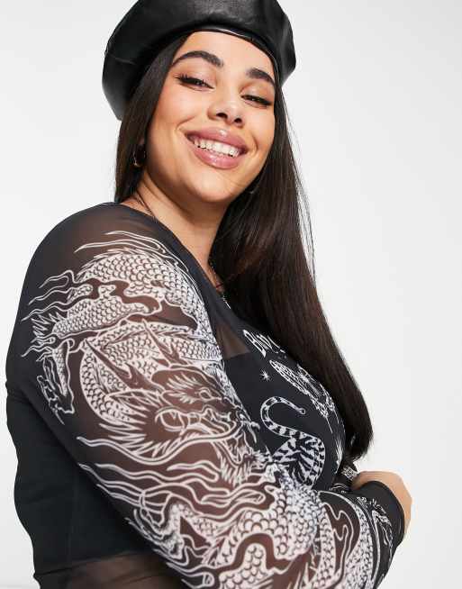 ASOS DESIGN Curve long sleeve mesh top in mono tattoo print, 2 of 4