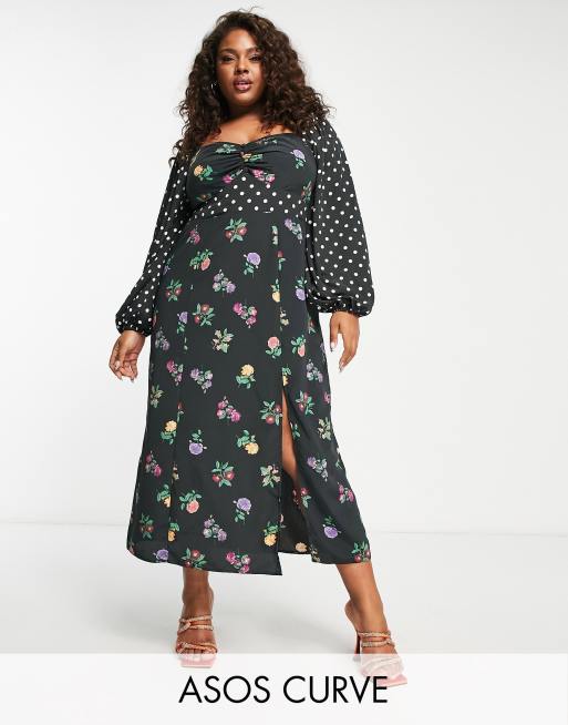 ASOS DESIGN Curve long sleeve midi dress in mixed floral spot print