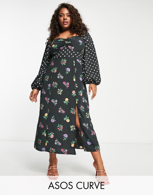 ASOS DESIGN Curve long sleeve midi dress in mixed floral spot print