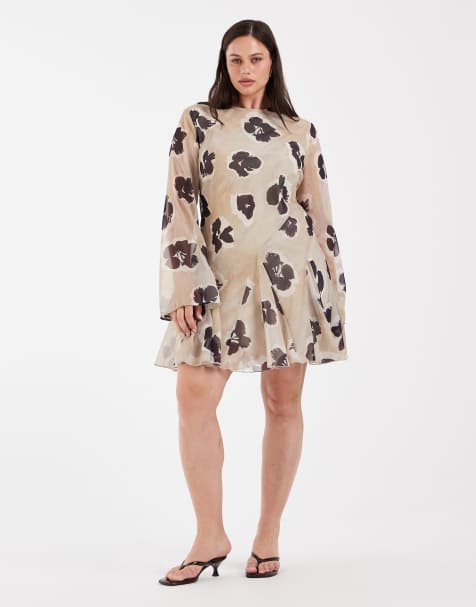 asos curve skater dress with raglan sleeve Brown Floral Jacquard Asos Curve Skater Dress Yas Jacquard Mini Dress With  Puff Sleeves In Cream-White