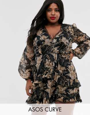 asos design long sleeve mini dress in floral print with cluster embellishment detail and circle trims