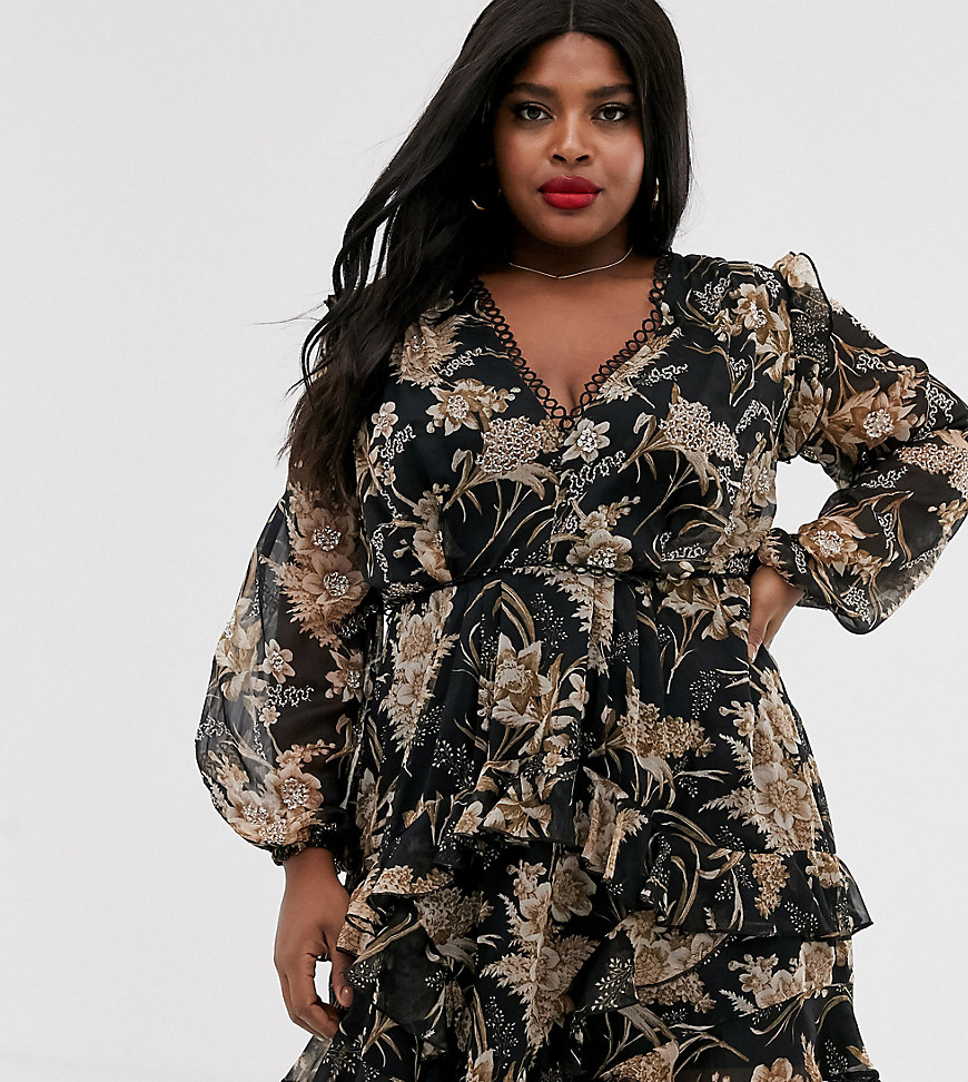 ASOS DESIGN Curve long sleeve mini dress in floral print with cluster embellishment detail and circle trims-Multi