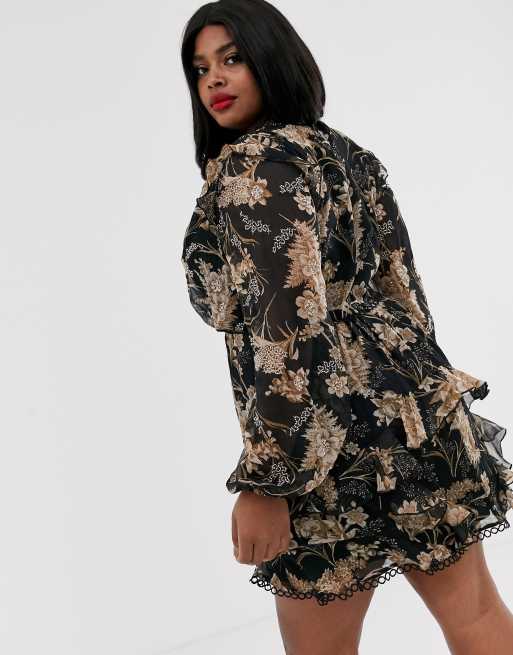 Asos design long sleeve mini dress in floral print with shop cluster embellishment detail and circle trims