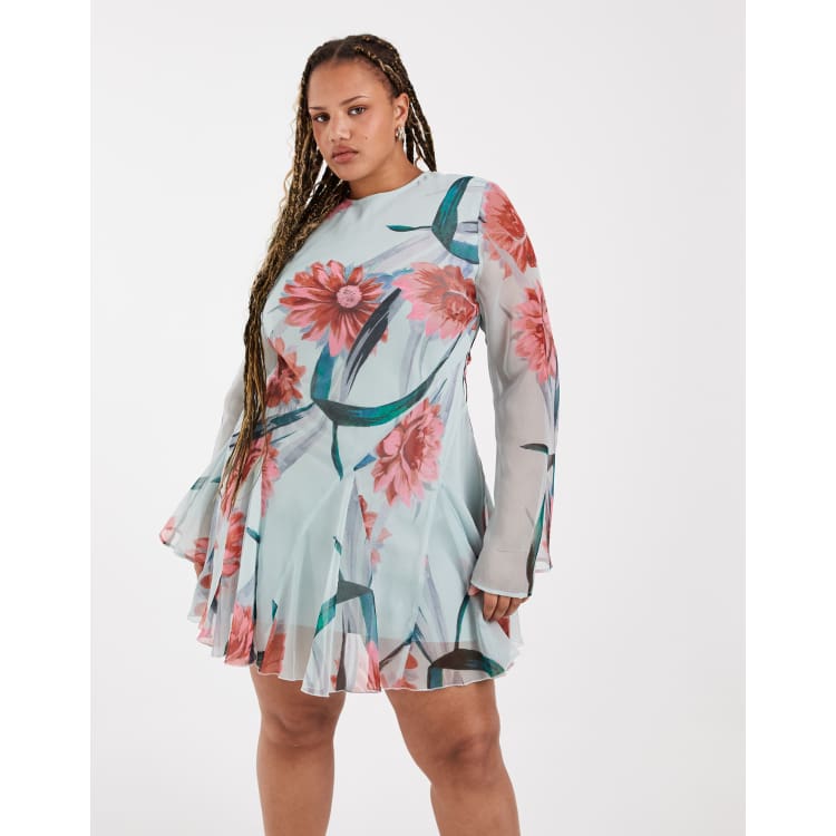 long sleeve floral print mini dress Wednesday's Girl - Shirred Long Sleeve Floral Print Mini Dress - Women - Polyester - XL