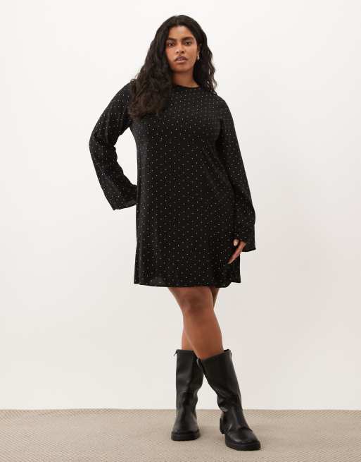 black polka dot dress asos DESIGN Curve long sleeve mini in mono Add a touch of