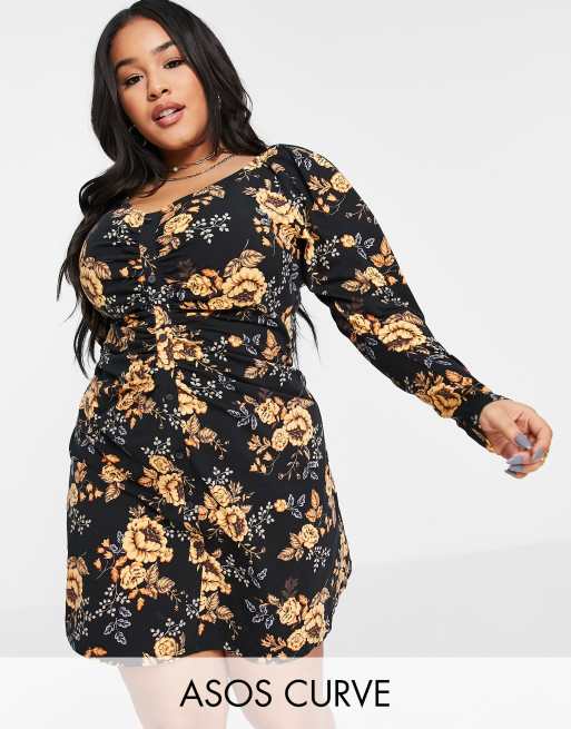 ASOS DESIGN Curve long sleeve mini dress with ruching detail in black ...