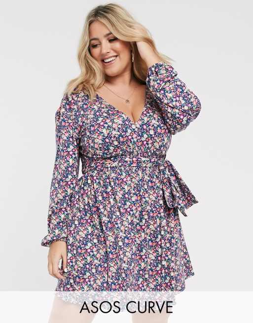 Asos Design Curve Long Sleeve Mini Dress With Shirred Waist In Blue