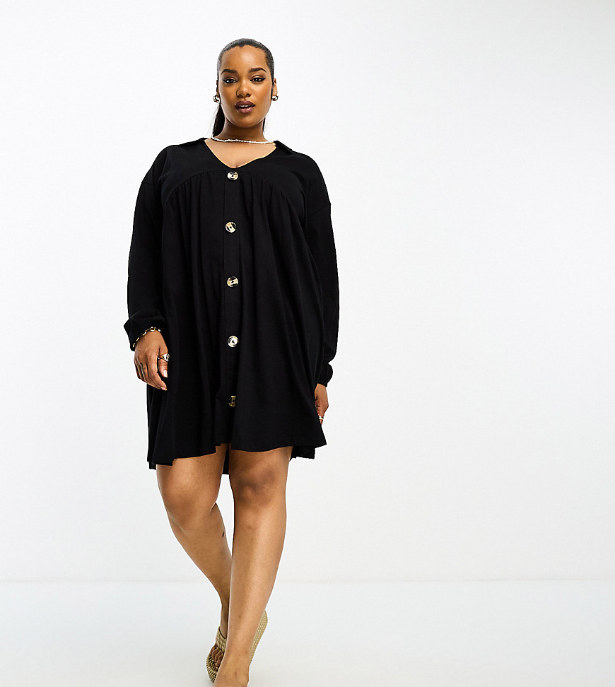 Asos Curve Asos Design Curve Long Sleeve Mini Smock Dress With Buttons In Black