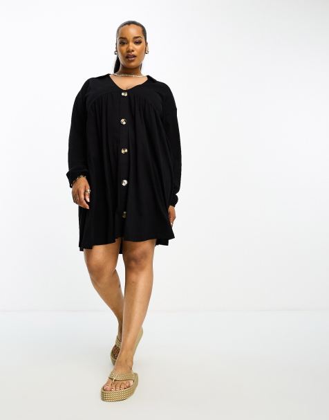 ASOS DESIGN Curve long sleeve mini smock dress with buttons in black 