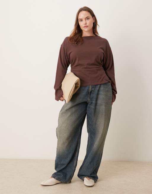 ASOS DESIGN Curve long sleeve off shoulder corset waist tee in chocolate
