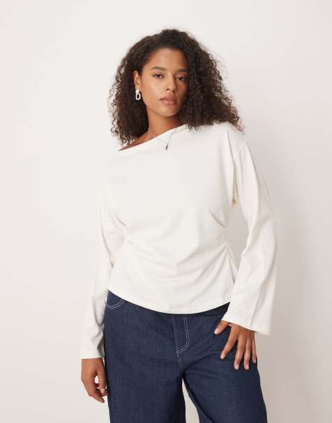 ASOS DESIGN Curve long sleeve off shoulder corset waist tee in cream - view 1