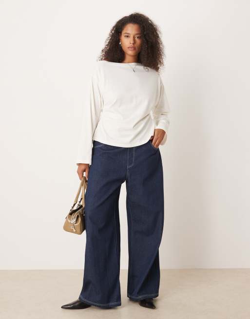 ASOS DESIGN Curve long sleeve off-shoulder corset waist tee in cream, 2 of 4