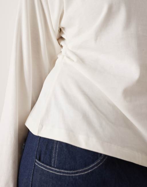 ASOS DESIGN Curve long sleeve off-shoulder corset waist tee in cream, 3 of 4