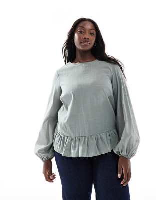 ASOS Curve ASOS DESIGN Curve long sleeve peplum hem top in green